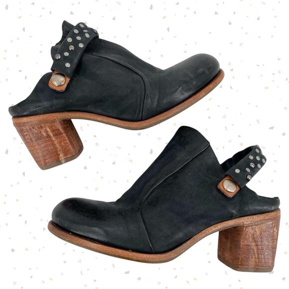 A.S.98 Black Leather Mules Silver Studded Heeled Shoes Boho Cottage EU Size 36 - Picture 2 of 15